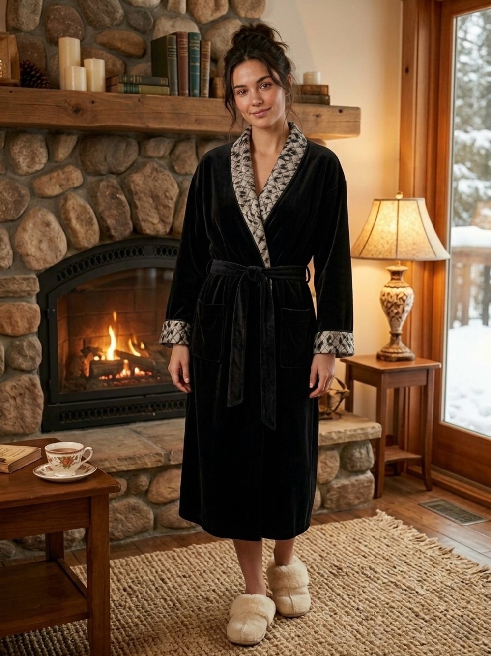 Vintage Amanda Stewart Y2K Black Velour Robe Leopard Satin Trim Medium